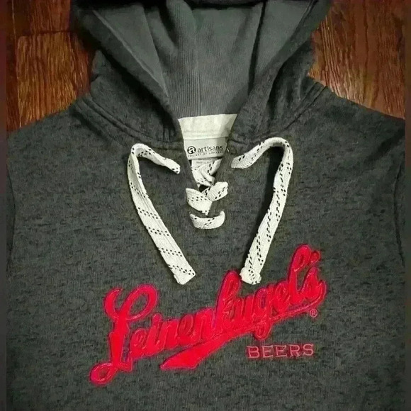 LEINENKUGEL Lace Up Pullover Hooded Knit Sweatshirt in Grey with Embroidery - Picture 2 of 9